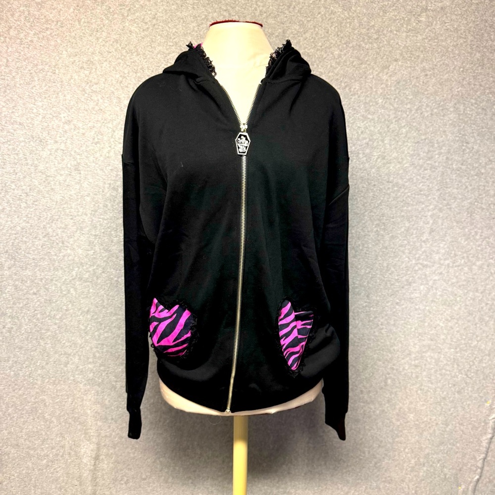Dolls Kill The Grave Girls Emo Dark Pink Zebra Print Ears Zip Hoodie Size XS